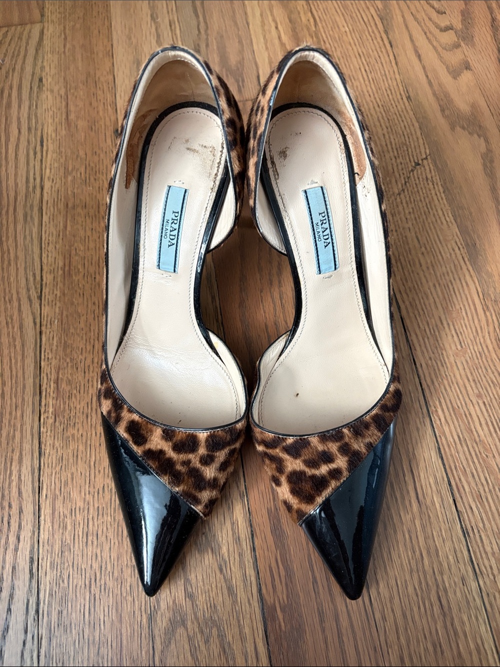 Prada Leopard-Print Pumps with Black Patent Pointed Toes